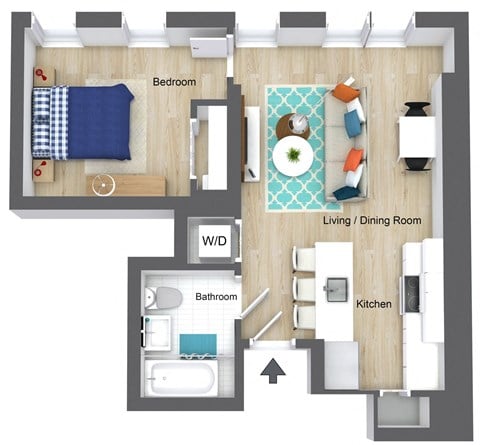 Floor plan for 1 bed, 1 bath, 637 sqft
